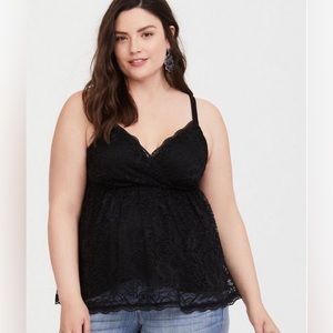 Torrid Black Lace Babydoll Cami, Stretch Lace, Surplice Neckline, Size 2X